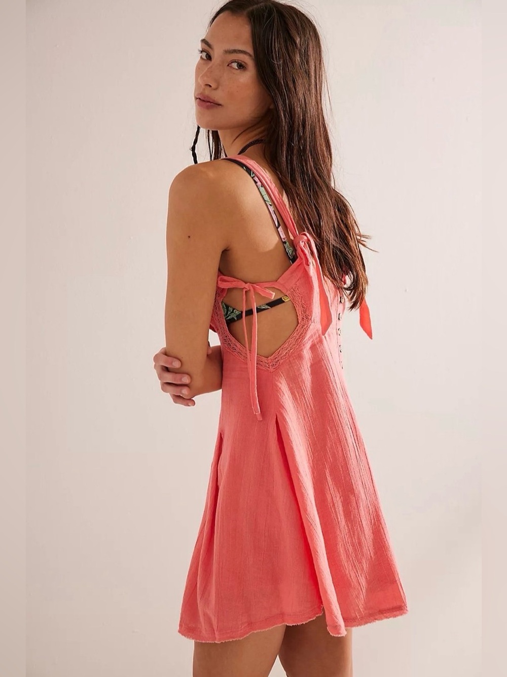 NWT Free People Free-est Vivi Mini Dress Lace Trim Side Cut Outs Coral Sz M